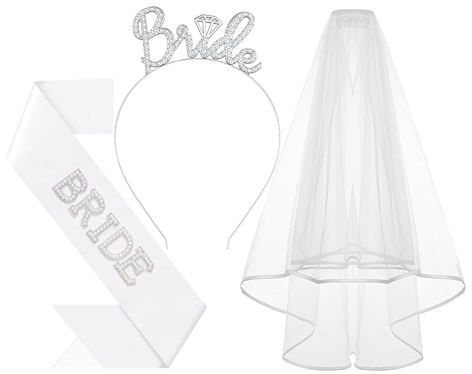 Papoopy 3Pcs Bride to Be Headband with Sash and Veil for Bachelorette Party Decorations, Bridal Shower Accessories for Gif...