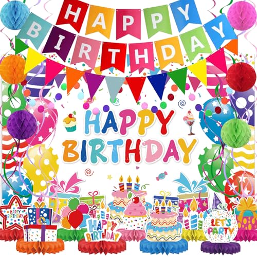 Birthday Decorations Kit, Happy Birthday Party Banner, Honeycomb Balls, Metallic Hanging Swirls, Circle Garland, Colorful ...