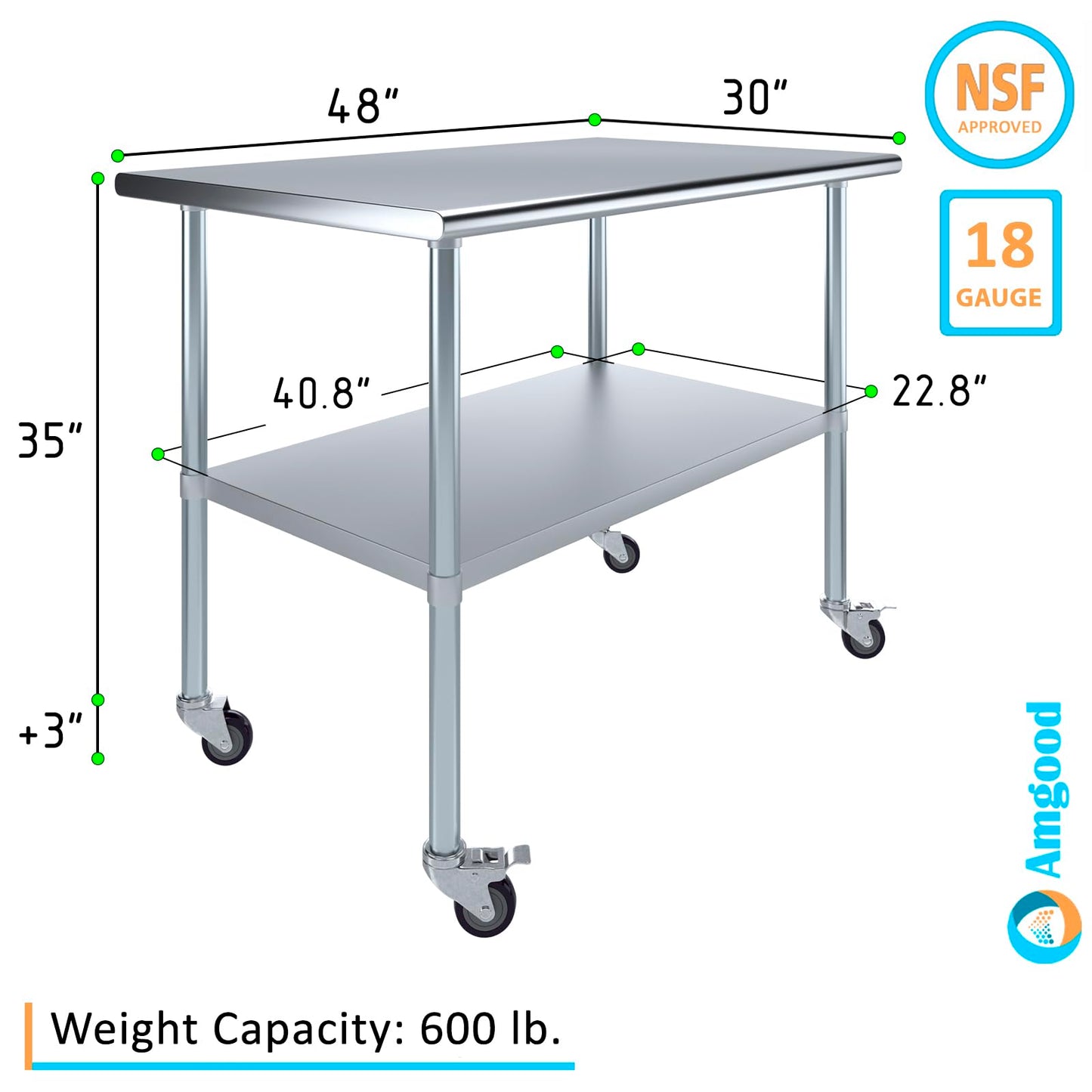 AmGood 30 in. x 48 in. Stainless Steel Work Table with Wheels | Metal Kitchen Food Prep Table | NSF