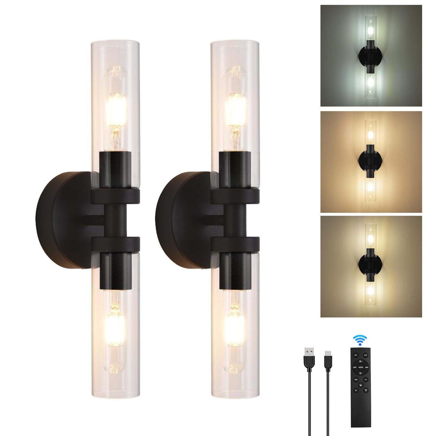 Battery Operated Wall Sconces Set of 2, 330° Rotation 3000K-6000K Dimmable Wireless Wall Sconce with Clear Glass 10400mAh USB Rechargeable Wall Lights with Remote Bulbs Included (Black-2Pack)