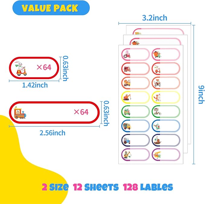 Labels for Daycare - Self-Laminating Kids Name Labels, Waterproof & Reusable School Name Stickers, 128-Pack Assorted Sizes & Colors