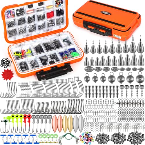 PLUSINNO 449pcs Fishing Gear Accessories Kit, Fishing Tackle Box with Tackle Included, Fishing Hooks, Fishing Weights Sink...