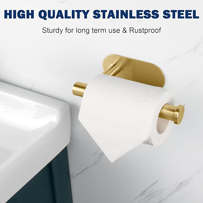 NearMoon Toilet Paper Holder Self Adhesive, Premium Thicken SUS304 Stainless Steel Rustproof Adhesive Toilet Roll Holder no Drilling for Bathroom, Kitchen, Washroom (2 Pack, Brushed Gold)