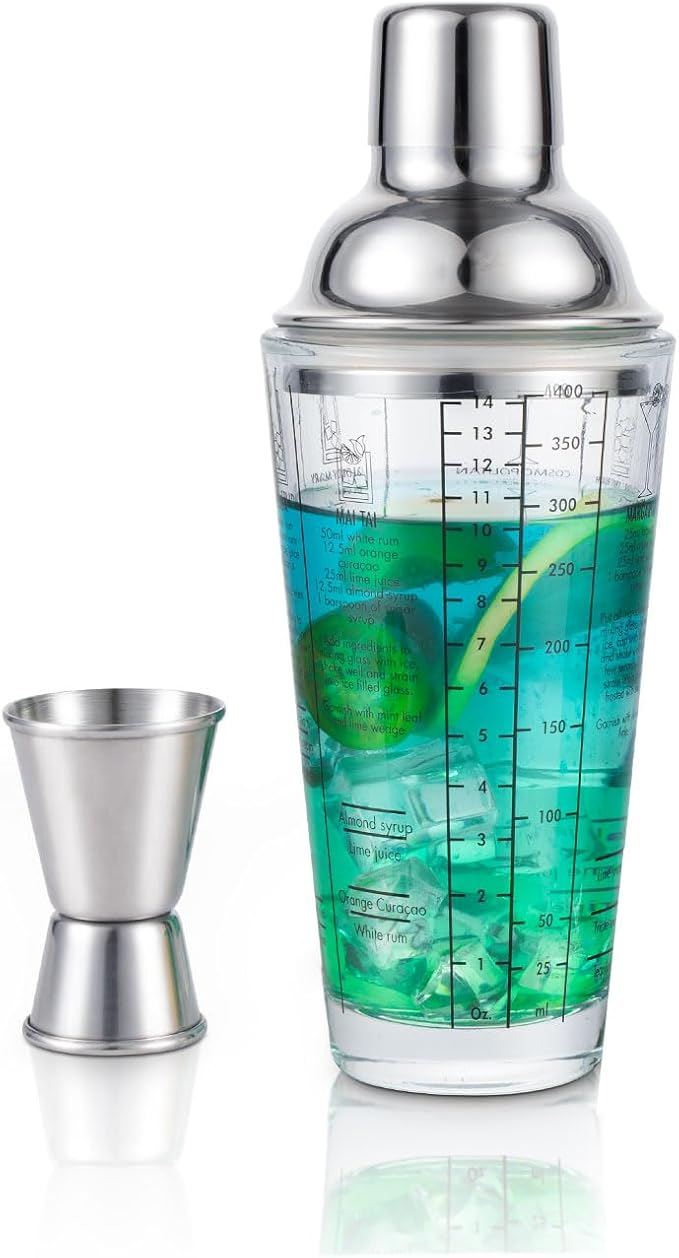 Ailelan Glass Cocktail Shaker with Strainer, 14oz Martini Shaker with 6 Recipes On Side, Clear Drink Shaker Bottle with Me...