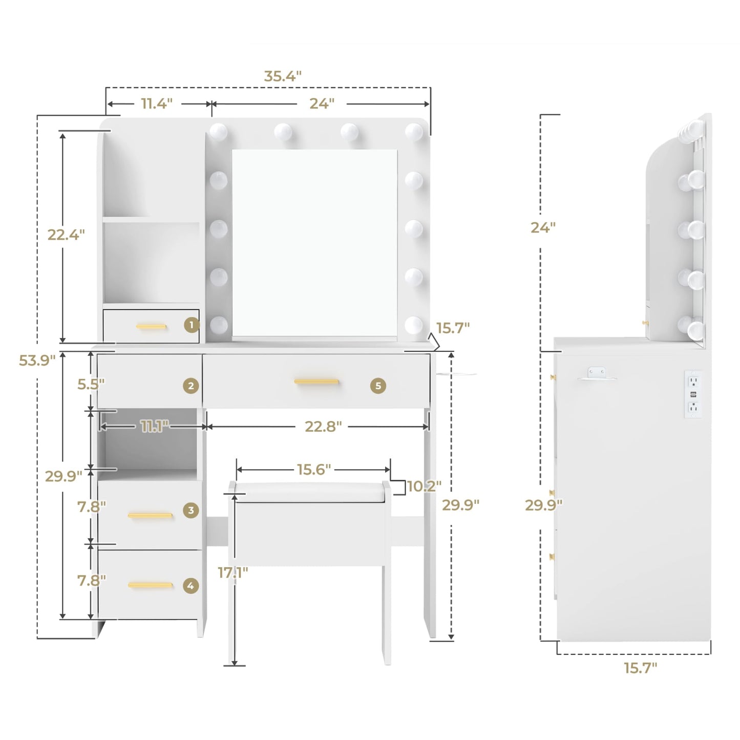 Furnivado Vanity Desk with Mirror and Lights, 3 Adjustable Lighting Makeup Vanity Desk with 3 Storage Shelves, 5 Large Drawers and Power Outlet, Vanity with Chair for Bedroom, White
