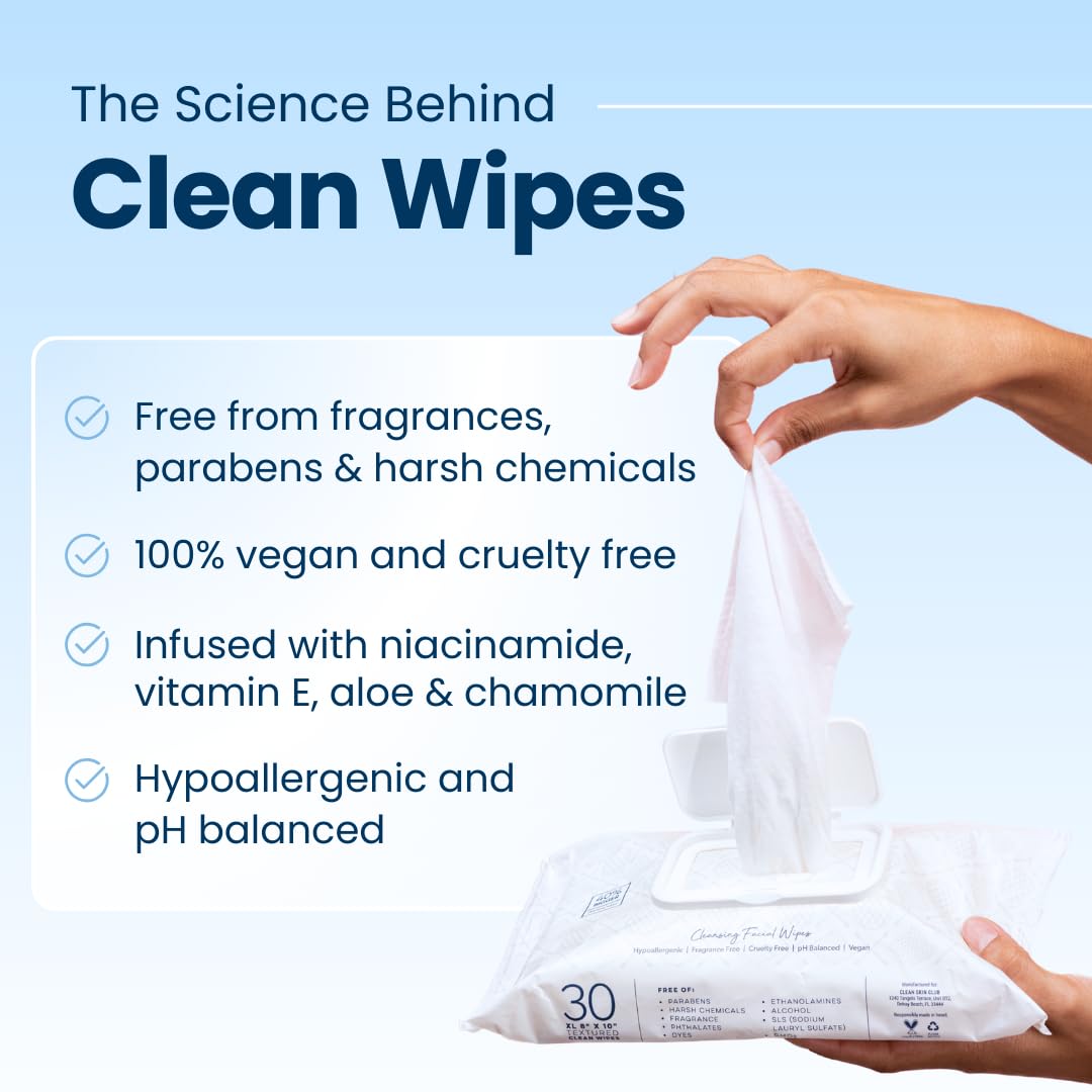 Clean Skin Club XL Premium Face Wipes, Extra Moist Makeup Removing Towelettes, Facial Cleansing Cloth, Fragrance Free, No Alcohol or Chemicals, (30 Ct, 1 Pack)