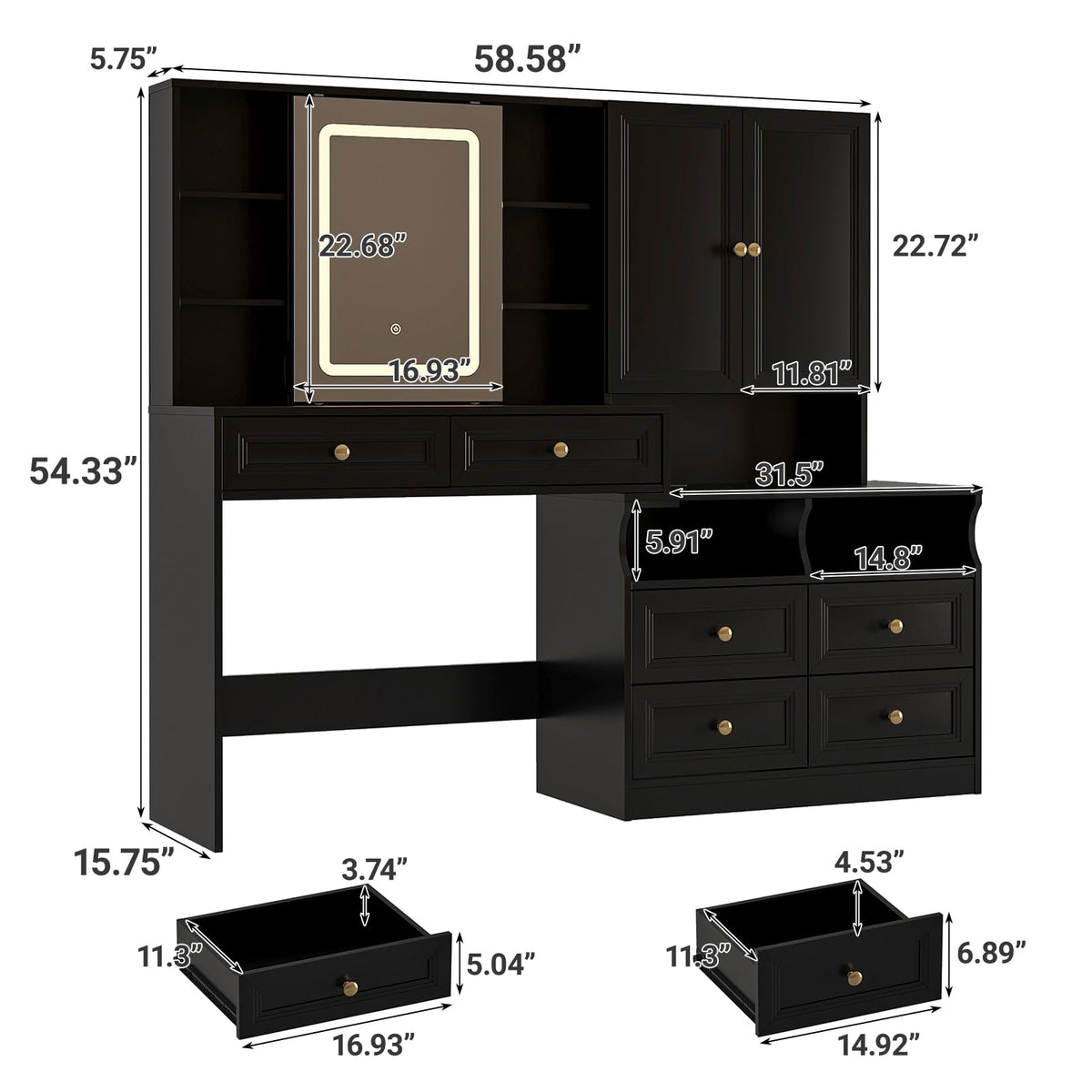 Vabches 58.6" Large Vanity Desk with Sliding Mirror & Lights, Black Makeup Vanity Table & Nightstand Combo with Power Outlet and 6 Drawers 15 Shelves with Light Strips for Bedroom Dressing Room