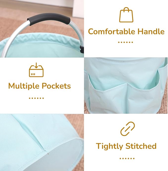 17L Foldable Storage Basket with 6 Side Pockets Cleaning Caddy with Handle Folding Storage Bin for Home Bathroom Camping Gardening (Light Blue)