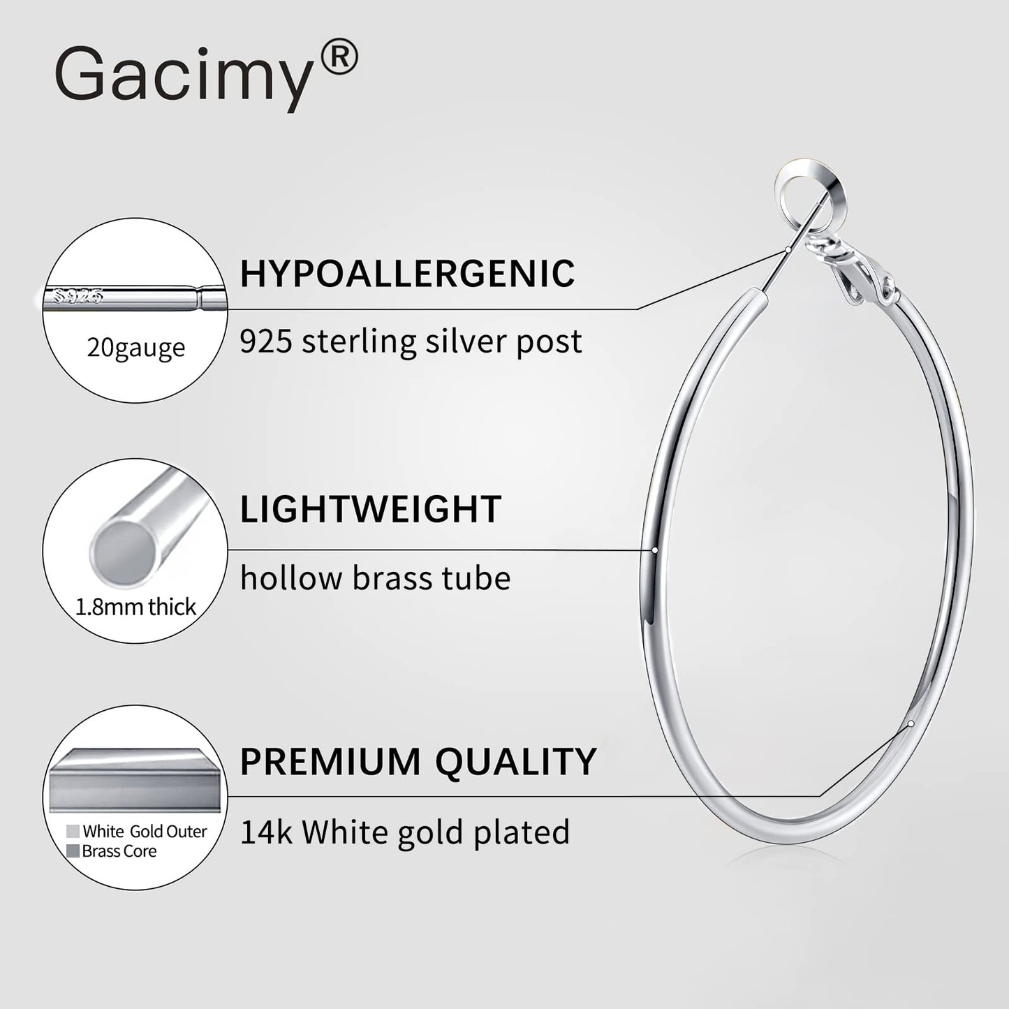 Gacimy Large Hoop Earrings for Women 14K White Gold Plated, 925 Sterling Silver Post Hoops for Women, 50mm Silver Tone Big Earri