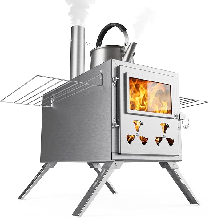 Hot Tent Wood Stove, Portable Camping Wood Burning Stove with 8 Stainless Chimney Pipes, Folding Wood Stove for Tent, Outd...