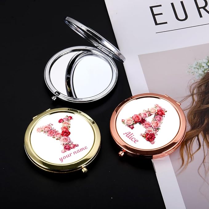 Eunigem Personalized Compact Flower Mirror for Women-Makeup Small Purse Mirror Custom Gift for Girls Women Christians (Pink Rose Color)