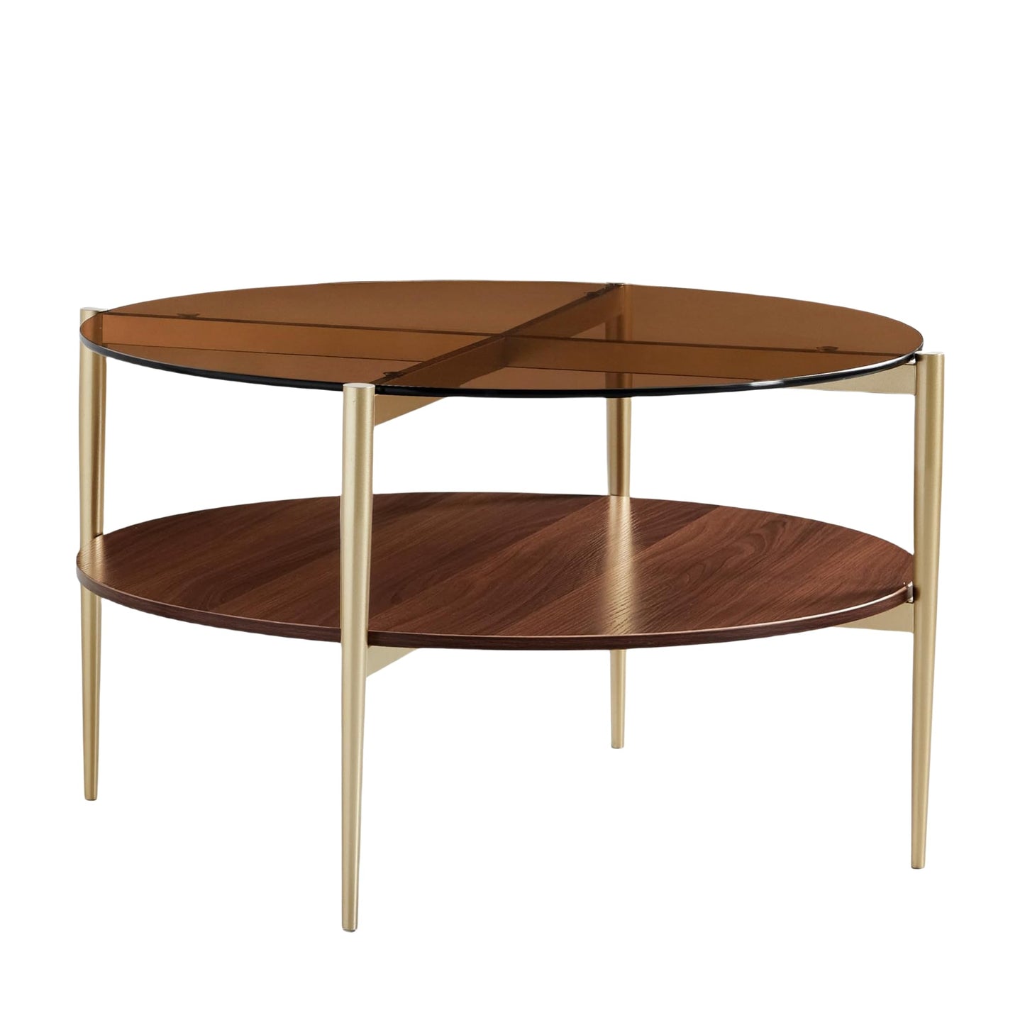 Shrine Round Glass Coffee Table, Mid-Century Modern Design, D30 x H17 in, 2-Tier Structure, Amber Glass Top and Walnut MDF Shelf, Sleek Conical Metal Legs with Gold Finish