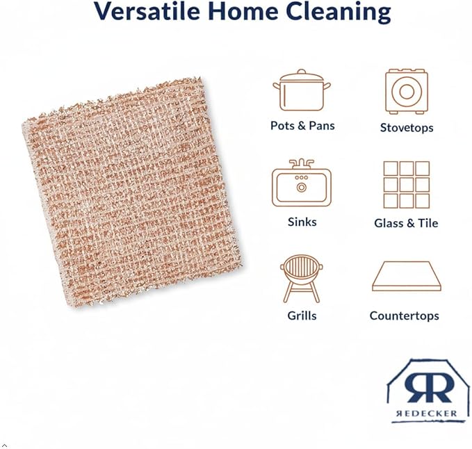 Redecker Real Copper Cleaning Cloths – Scratch-Free 2-Ply Woven Copper Scrub Pads for Pots, Pans, Sinks, Glass & Stainless Steel – Reusable, Machine Washable, Durable, Eco-Friendly – Set of 2