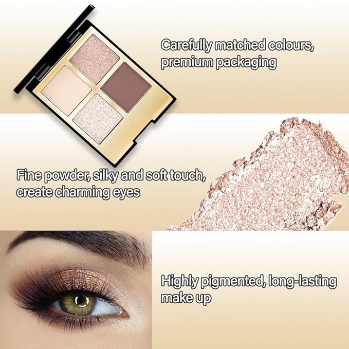 Eyeshadow Quad Makeup Palette – 4 Shades of Nude, Silver, Brown, Champagne Gold Tones, Blendable Matte & Shimmer, Long-Lasting Waterproof, Perfect for Mature & Young Women, with Built-In Mirror 04#