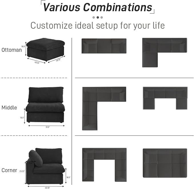 WJShome Cloud Couch Modular Sectional Sofa,160.6" Down Filled 5 Seater Convertible Sectional Sofas,V Shaped Couch for Living Room,Covers Washable&Replaceable (Black)