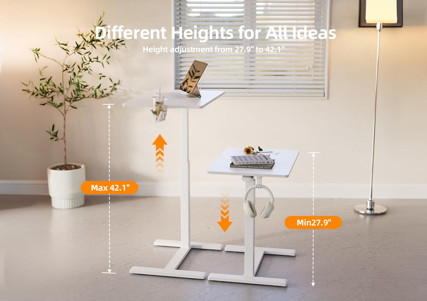 Claiks Mobile Overbed Table with Wheels - 25.5" Adjustable Height Standing Desk for Hospital & Home Use, 22lbs Capacity, Ergonomic Rolling Laptop Cart, White