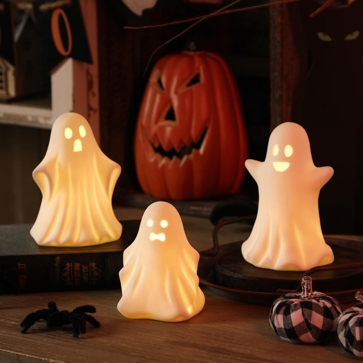 Halloween Ghost Decorations - 3 Pcs Gothic Ceramic Ghost Light Up Decor, White Ghost Figurine for Halloween Table Home Decorations Indoor