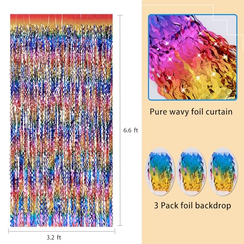 3 Pack Colorful Foil Fringe Curtain Backdrop - 6.6 x 3.3 ft Wavy Rainbow Tinsel Backdrop Curtain Metallic Streamers Irides...