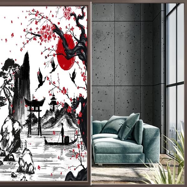 Vintage Japanese Style Decorative Window Film Abstract Ink Japanese Landscape Torii Gatekids Blackout Window Film,Cafe Lighted Window Film 23.6Wx47.2L-Inch X1Pcs