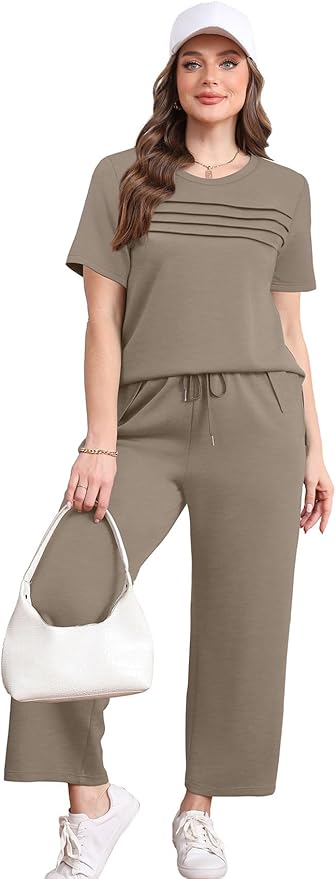 WIHOLL Two Piece Sets for Women Summer Travel Vacation Outfits Short Sleeve Lounge Sets Side Slit Wide Leg Pants S-3XL