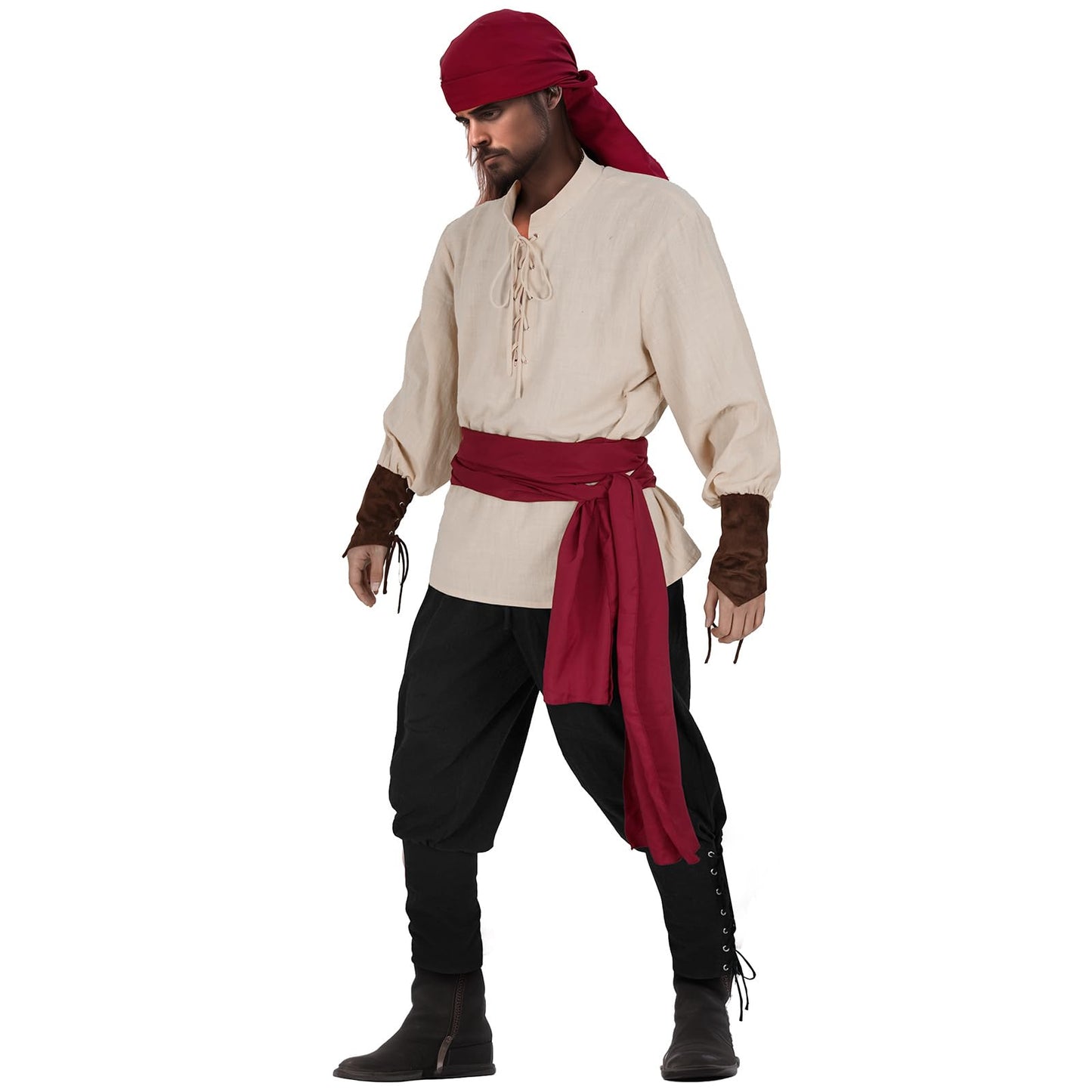 Teyujosem Men's Pirate Costume Set 4 PCS Medieval Renaissance Shirt Viking Ankle Banded Pants Halloween Costume(Z3601F,S)
