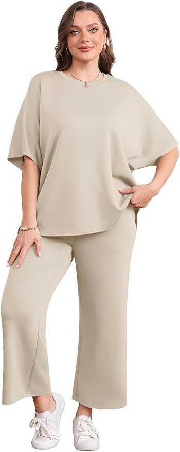 Sampeel Two Piece Sets for Women Summer Outfits Oversized Wide Leg Crop Pants Lounge Sets Airport Beach Vacation Clothes