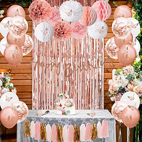 Upgraded Rose Gold Pink Party Decorations with Happy Birthday Banner, Curtains, Butterfly Wall, Circle Dots Garland, Tissu...