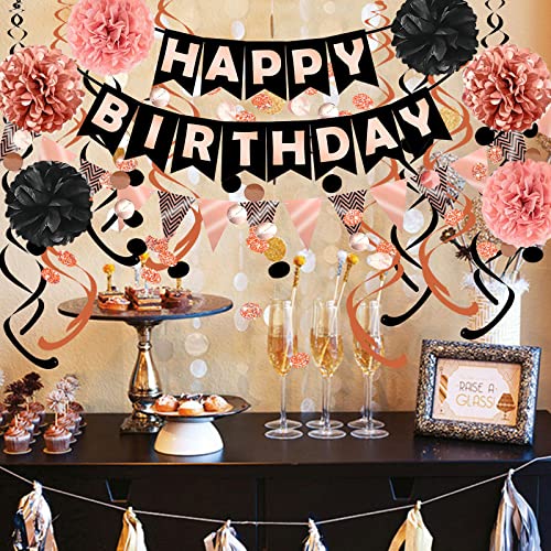 FECEDY Rose Gold Black Theme Happy Birthday Banner Flag Bunting Paper Circle Confetti Garland Swirl Streamers Honeycomb Ba...
