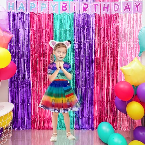Cute Dollhouse Birthday Decorations, 4 Pack Dollhouse Party Photo Booth Prop, Purple Pink Teal Fringe Curtains Tinsel Phot...