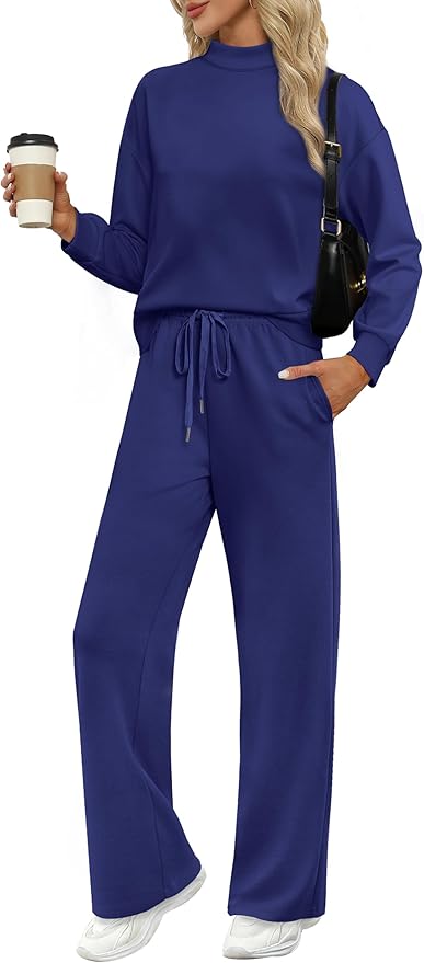 WIHOLL Two Piece Sets for Women Fall Outfits Lounge Sets Mock Neck Tops Wide Leg Pants Vacation Travel Airport Outfits