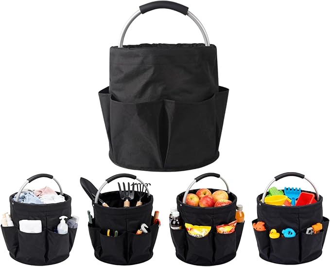 17L Foldable Storage Basket with 6 Side Pockets Cleaning Caddy with Handle Folding Storage Bin for Home Bathroom Camping Gardening (Black)