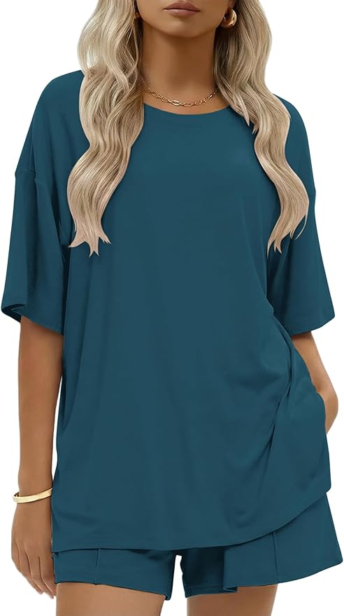 Ekouaer Womens 100% Cotton 2 Pieces Short Sets Summer Short Sleeve Outfits Casual Maching Lounge Set with Pockets