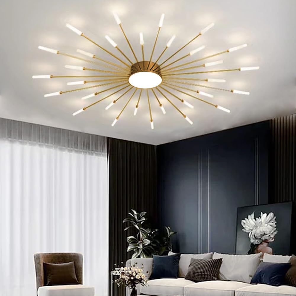 LightInTheBox Modern LED Ceiling Light Sputnik Linear Flush Mount Ceiling Lamp Gold Firework Flower Ceiling Light Fixture for Living Room Dining Room (Gold, 30-Heads, Natural Light)