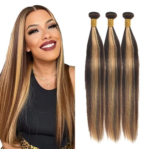 Habiliana Bundles Human Hair 20 22 24 Inch Straight Wave P4/27 Human Hair Bundles 11A Unprocessed Brazilian Virgin Quick Weave Hair Extensions for Black Women