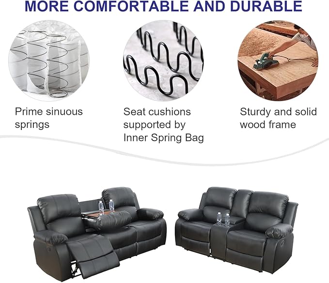 A Ainehome Living Room Furniture Set Leather Recliner Sofa Set Loveseat Chair Furniture Sofa Set for Living Room/Small Space/Rv/House/Office/Theater Seating (A-Black Leather, Sofa+Loveseat)