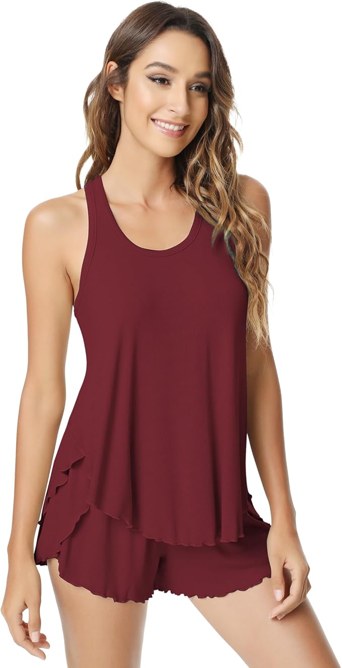 NACHILA Pajamas for Women-Viscose from Bamboo, Ribbed Racerback Tank Top Sexy Split Shorts Pajama Sets Cooling Sleep Cami Pjs