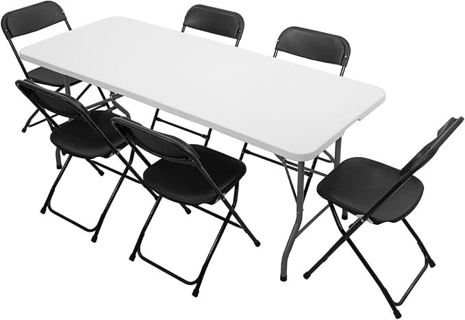 VINGLI 6 FT Plastic Folding Table Set with 6 Black Folding Chairs for Picnic, Event, Training, Outdoor Activities, at Home...