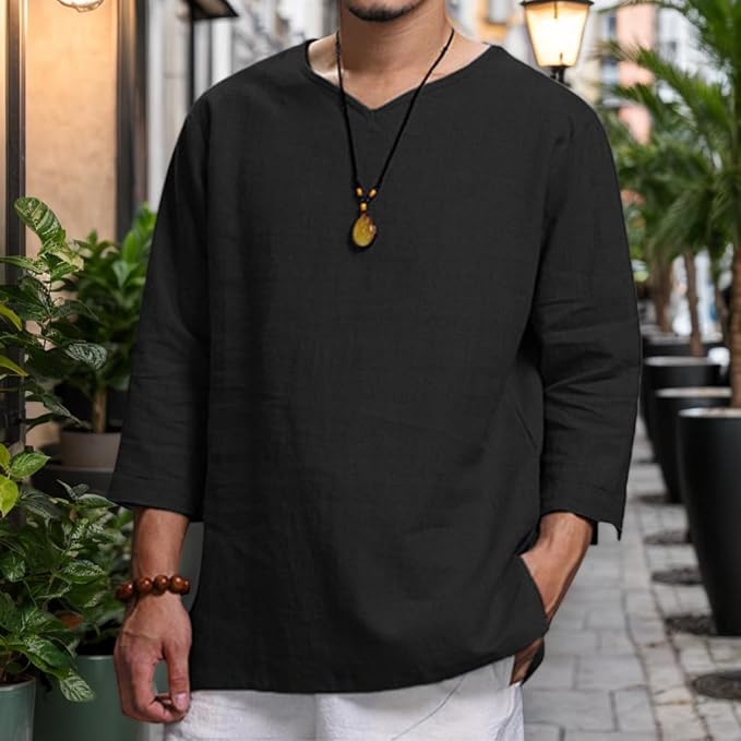 Men's Casual Cotton Linen Long Sleeve Shirt Beach Hippie T-Shirts Lightweight Loose Tops