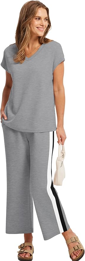 Saloogoe Two Piece Sets for Women Summer Outfits Lounge Sets V Neck Tops Wide Leg Pants Woman Vacation Travel Outfits