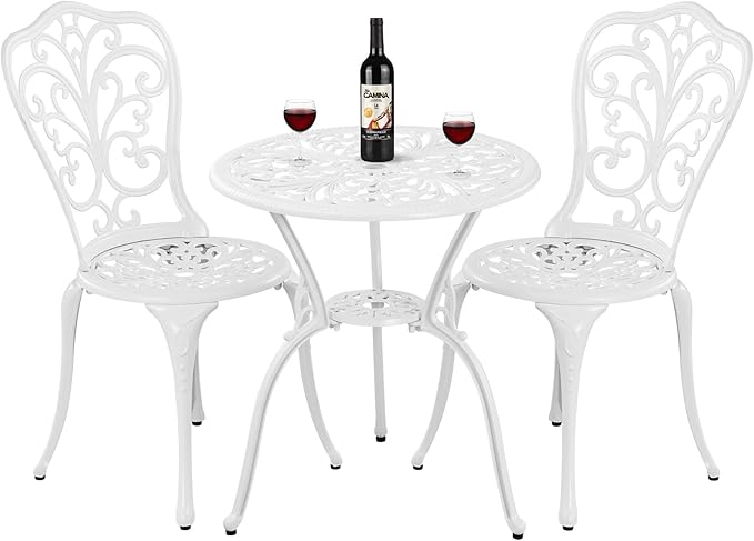 Withniture Patio Bistro Set 3 Piece Outdoor, All Weather Patio Furniture Bistro Table and Chairs Set of 2, Cast Alumium Bistro Table Set with Umbrella Hole for Garden Porch (Butterfly, White)