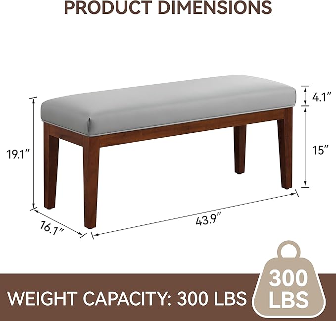 WUTUTUEE 43.5'' Faux Leather Bedroom Bench, Upholstered End of Bed Bench, Padded Vintage Dining Bench, Entryway Bench with Solid Wood Legs, Kitchen, Living Room, Hallway, Grey