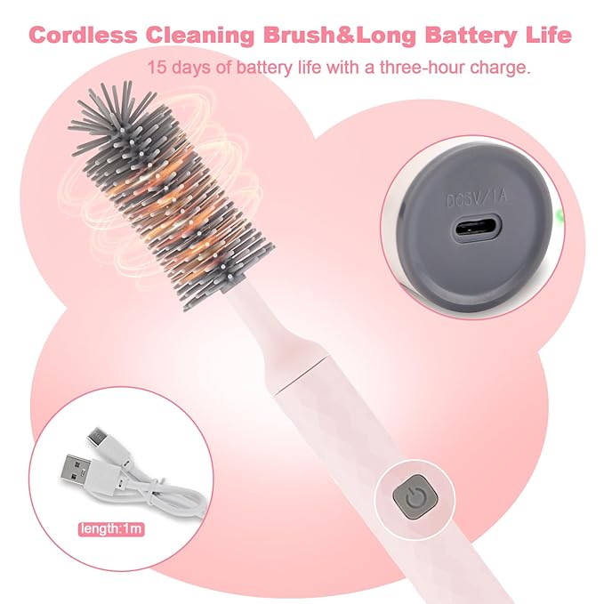 Electric Baby Bottle Cleaner Kit with Rechargeable Electric Bottle Brush Cleaner, 3 Piece Silicone Bottle Brush and Straw Brush, Multipurpose Automatic Bottle Cleaner, Pink