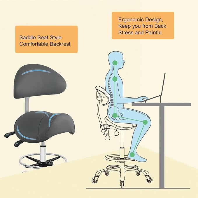 Nazalus Saddle Stool Chair with Back Support Footrest, Heavy-Duty(350LBS), Hydraulic Rolling Swivel Adjustable Stool Chair for Salon Spa Beauty Massage Dental Clinic Home Office Use(Grey)
