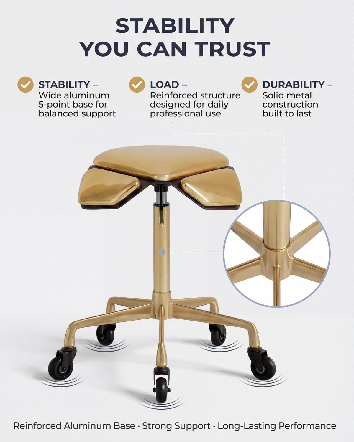 Towning Stool Chair with Ultra-Quiet Wheels, Rolling Salon Stool with Adjustable Height, 360 Degree Swivel Ergonomic Chair for Hair Stylist, Clinic, Massage, Office, Home (Gold)
