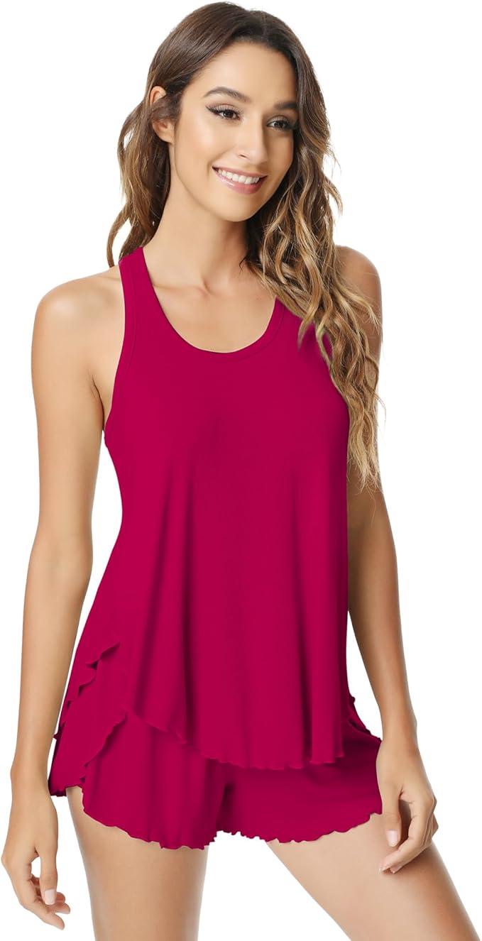 NACHILA Pajamas for Women-Viscose from Bamboo, Ribbed Racerback Tank Top Sexy Split Shorts Pajama Sets Cooling Sleep Cami Pjs