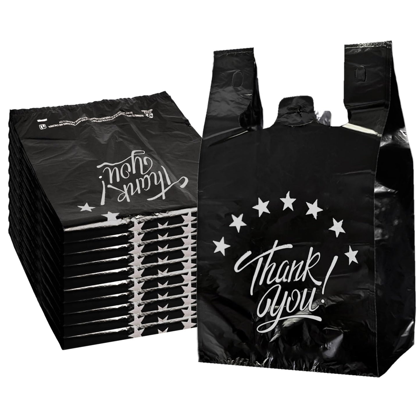 YoYoRain Black Thank you T shirt bag, Grocery shopping bag Reusable and Disposable Supermarket Bag 11''x6''x21'' 100PCS