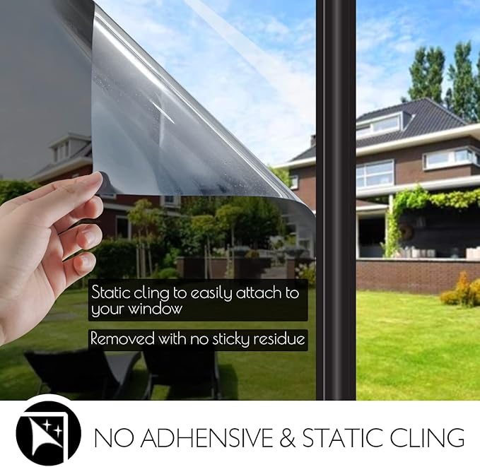 HIDBEA One Way Privacy Window Film, Daytime Mirror Reflective Heat Control UV Sun Blocking Non-Adhesive Static Cling Window Tint for Home and Office (Black-Silver, 29.5 Inch x 6.5 Feet)