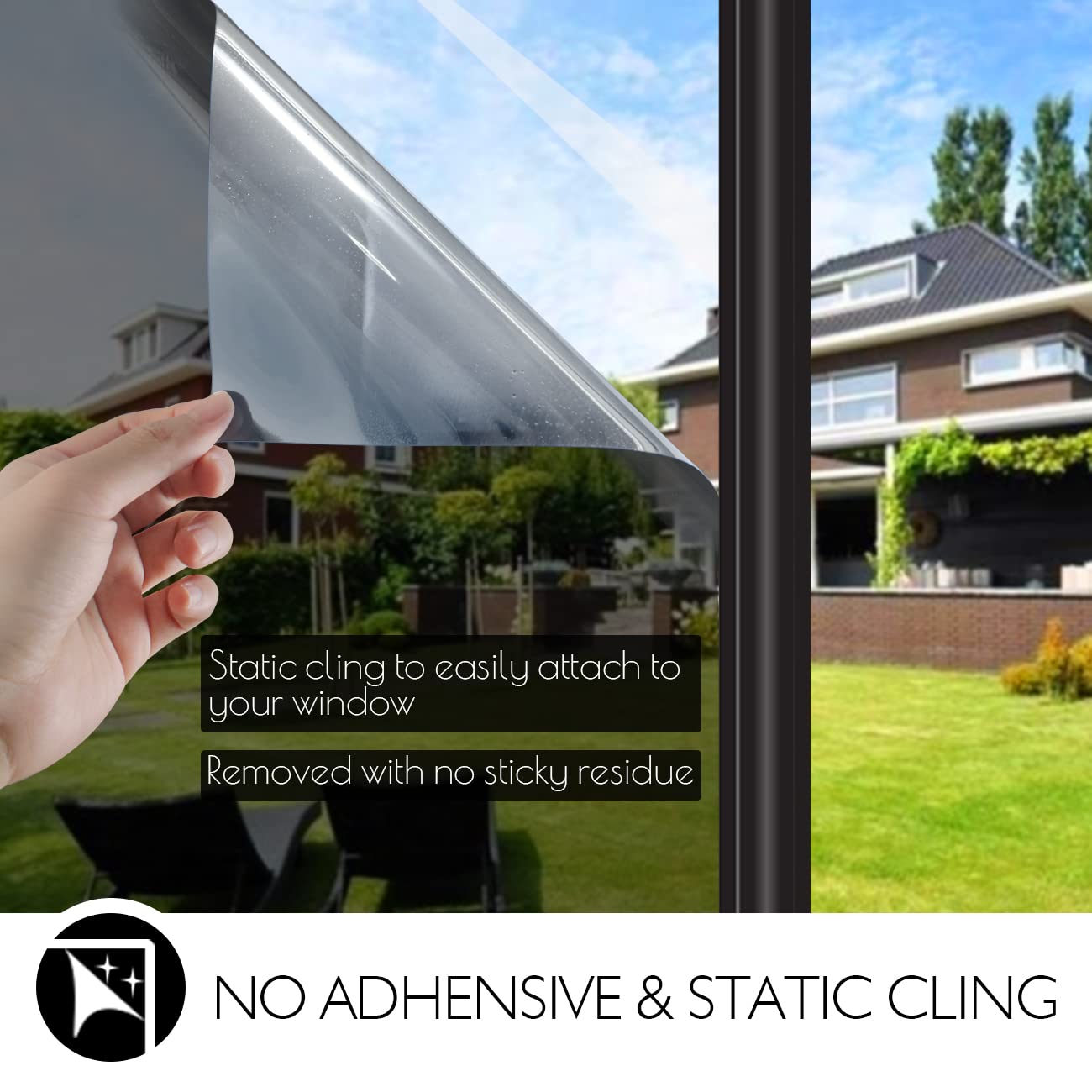 HIDBEA One Way Privacy Window Film, Daytime Mirror Reflective Heat Control UV Sun Blocking Non-Adhesive Static Cling Window Tint for Home and Office(Black-Silver, 17.5 Inch x 6.5 Feet)