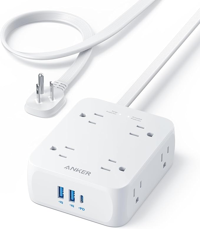 Anker Surge Protector Flat Plug Power Strip 2000J, 5ft Thin Extension Cord, 8 Outlets,2 USB A and 1 USB C Port,20W for iPh...