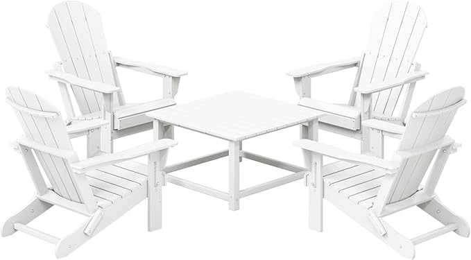 Costaelm Patio Conversation Set, 5 Piece Balcony Furniture, Small Patio Firepit Furniture Outdoor Adirondack Square Coffee Table and Chair for Backyard Lawn Porch Pool Garden, White